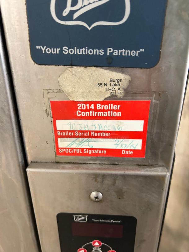 Duke Electric Conveyor Broiler Oven, immaculate condition, commercial high-capacity. Includes 2014 confirmation label and serial number.