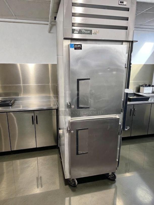 True STM1R-2HS roll-in commercial refrigerator, two half doors, stainless steel, UL listed, in exceptional condition.