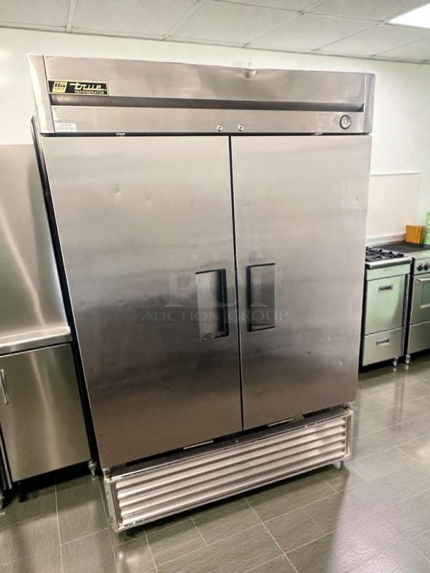 True T-49 commercial refrigerator, two-door, pristine condition, 115V, UL listed, fully tested, silver finish.