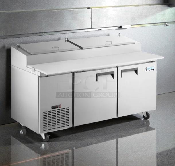 Avantco 60" two-door pizza prep refrigerator, stainless steel, UL listed, prime condition, fully tested. Model AVA-L-PREP-0532.