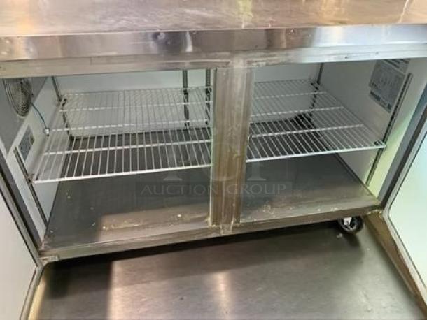 Avantco 60” two-door pizza prep refrigerator in prime condition, stainless steel, UL listed, fully tested, two shelves.