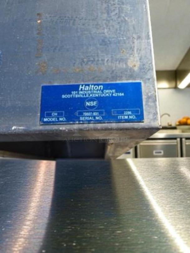 Halton stainless steel commercial vent hood, model HAL-L-VENT-0534. Fully tested, prime condition, blue label visible.