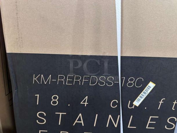 KoolMore KM-RERFDSS-18C 18.4 Cu. Ft Stainless Steel French Door Refrigerator, new, in box, UL Listed. Model details visible.