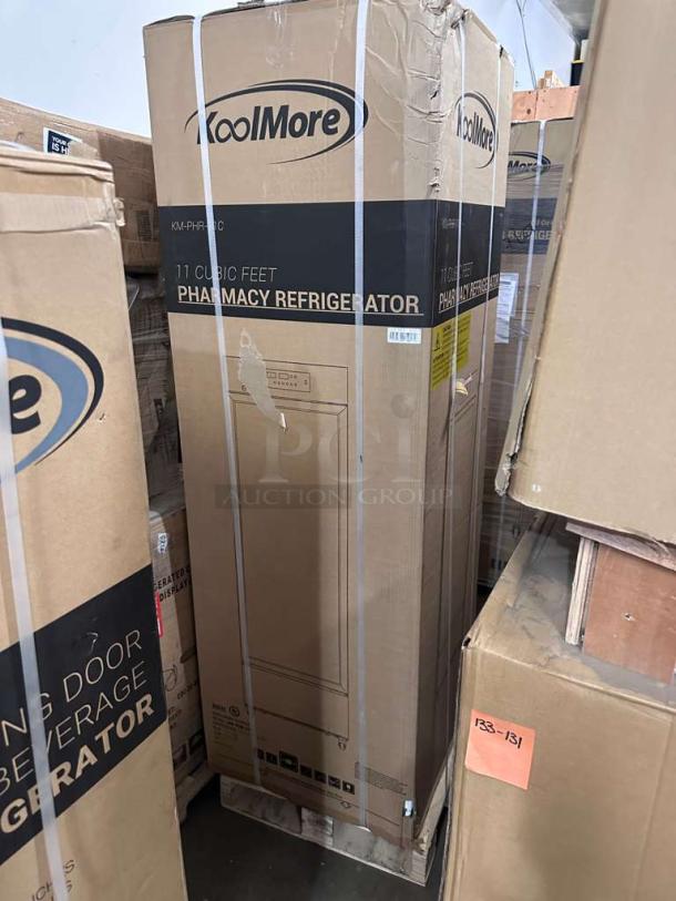 Brand new KoolMore KM-PHR-11C commercial pharmacy refrigerator in packaging, 11 cu. ft, UL listed, model KM-M-PHR-0537.