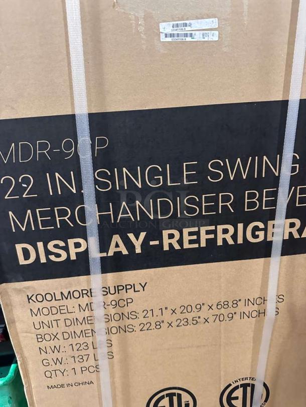 KoolMore MDR-9CP 22" Single Swing Door Merchandiser Display Refrigerator, brand new, ETL listed, commercial-ready.