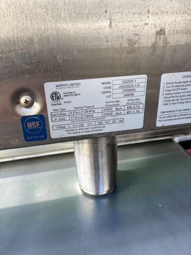 Moffat Turbofan G32D5-1 gas convection oven label showing model, serial number, NSF & ETL listings.