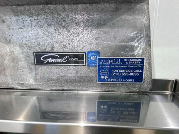 General Slicing NSF-certified commercial vegetable slicer, model GEN-M-SLC-0546, with service label, fully operational.