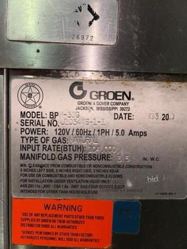 Groen BP-30G Commercial Gas Tilting Braising Pan, 30 Gallon, 120V, model and warning labels visible, fully operational.