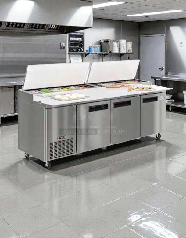 Brand new KoolMore 72" refrigerated prep station, model KM-RBT-72C, stainless steel, scratch & dent, commercial kitchen use.