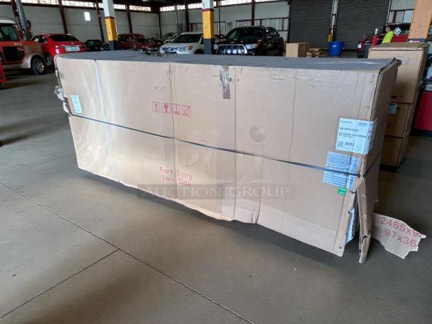 New KoolMore 72" commercial prep station, model KM-RBT-72C, in original packaging showing minor dents; shipping labels visible.