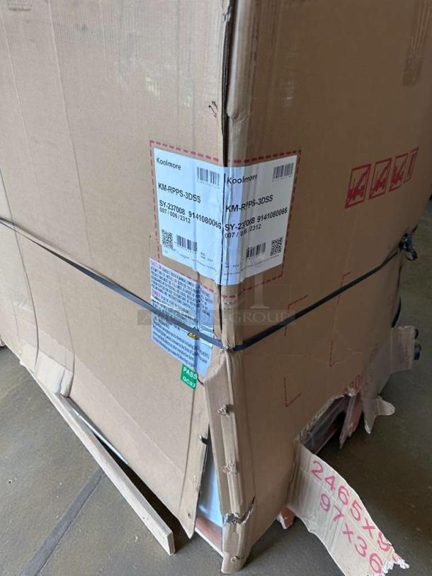 Brand new KoolMore 72" Refrigerated Prep Station, model KM-RBT-72C. Packaging shows scratches and dents. Tags present.
