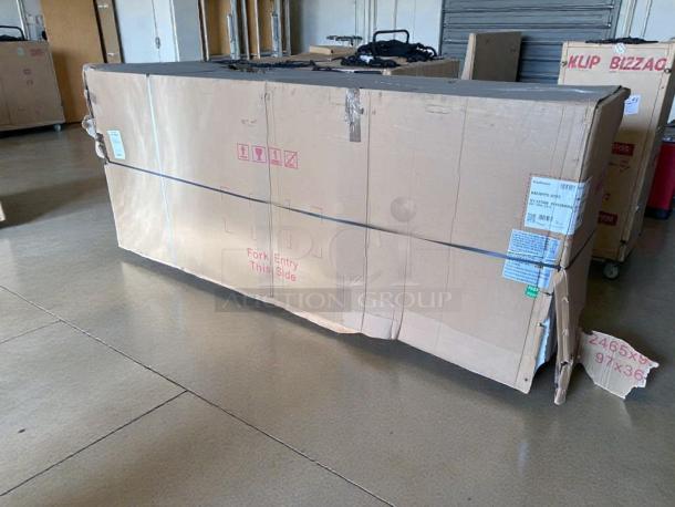 Brand new KoolMore KM-RBT-72C refrigerated prep station in box, scratch & dent condition, labels indicate shipping details.