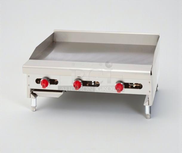 American Range 36" gas griddle, model ARTG-36-24, brand new with minor scratches, features durable thermostatic controls.