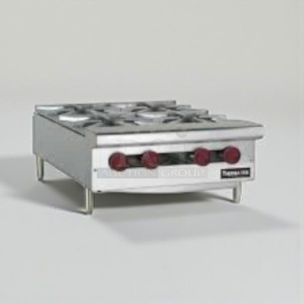 Brand new THERMA-TEK TCHP24-4L countertop hot plate with 4 burners, 208–240V, single phase, stainless steel build.