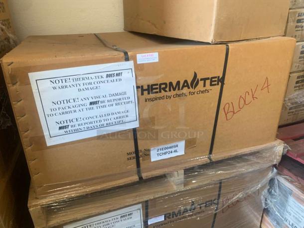 Brand New THERMA-TEK TCHP24-4L countertop hot plate in sealed box, 4 burners, 208–240V, single phase, model TTK-M-HP-0215.