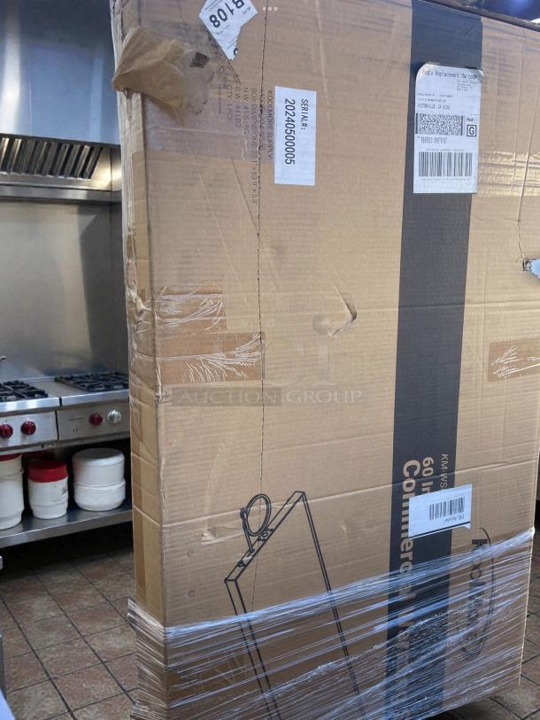 Brand new KoolMore KM-WS60 commercial warming shelf, 60-inch stainless steel, in original unopened box with serial label 2024050005.