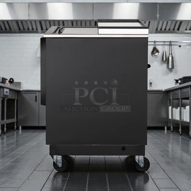 Brand new KoolMore KM-BOC25-BK 25" commercial bottle cooler, 5 cu. ft., built-in opener, ETL listed, on wheels.