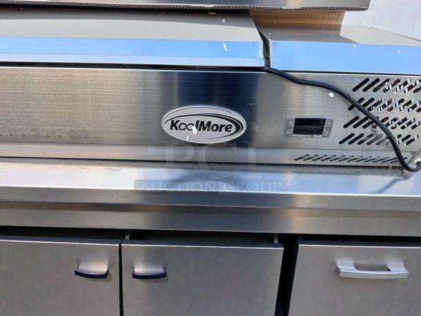 Brand new KoolMore SCDC-8P-SSL refrigerated prep rail in stainless steel; open box, UL listed.