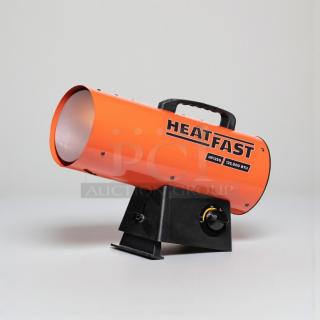 Brand new HeatFast HF125G propane heater, 125,000 BTU, portable, industrial, factory sealed, model number and logo visible.