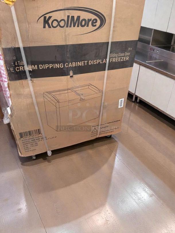 Brand new KoolMore KM-ICD-26SD Ice Cream Dipping Cabinet, 6 Cu. Ft., 4 tub capacity, UL Listed, sealed in original box.