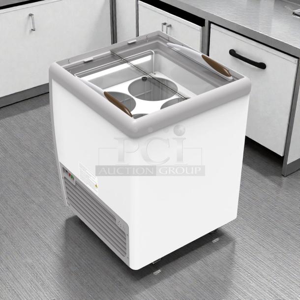 Brand new KoolMore KM-ICD-26SD ice cream dipping cabinet with sliding glass doors, 4 tub capacity, ETL listed, mint condition.