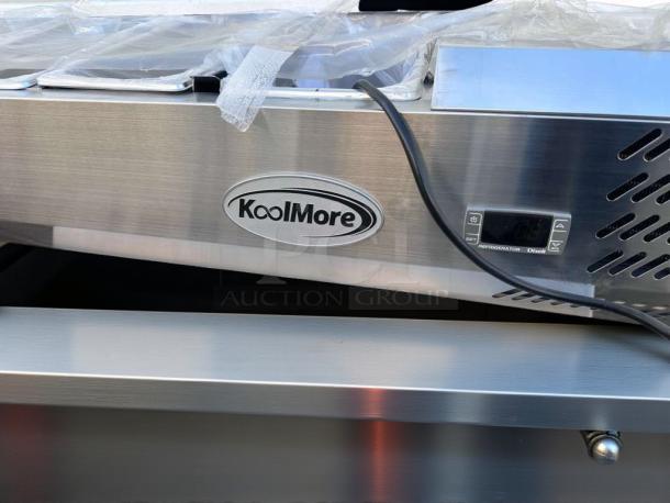 Brand new KoolMore SCDC-8P-SG refrigerated countertop prep rail, 8-pan capacity, with glass sneeze guard, UL listed.