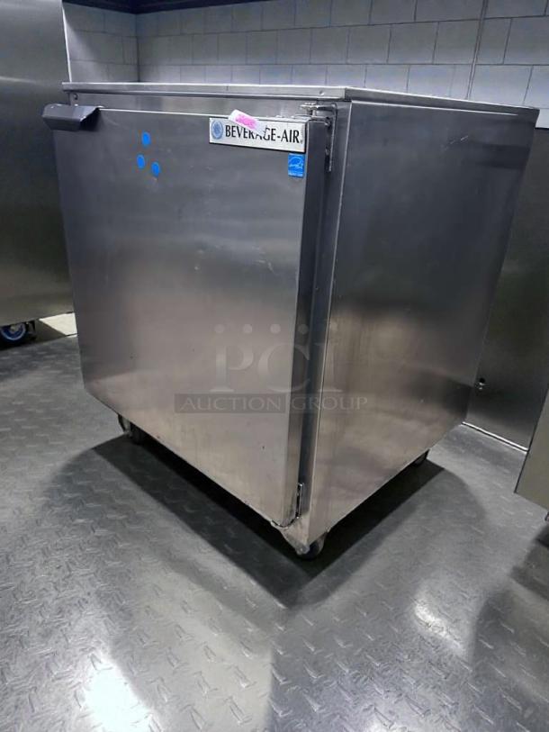 Stainless steel Beverage-Air undercounter commercial refrigerator, UL listed, fully tested, logo on door, excellent condition.