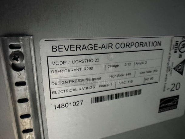 Beverage-Air undercounter refrigerator label, Model UCR27HC-23, R290 refrigerant, UL listed, 115VAC, 2 amps.
