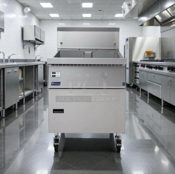 Pitco commercial gas fryer, stainless steel, floor model, fully tested, superior condition, model PIT-L-FRY-0353.