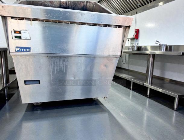 Stainless steel Pitco commercial gas fryer, floor model, superior condition, fully operational, visible Pitco label.