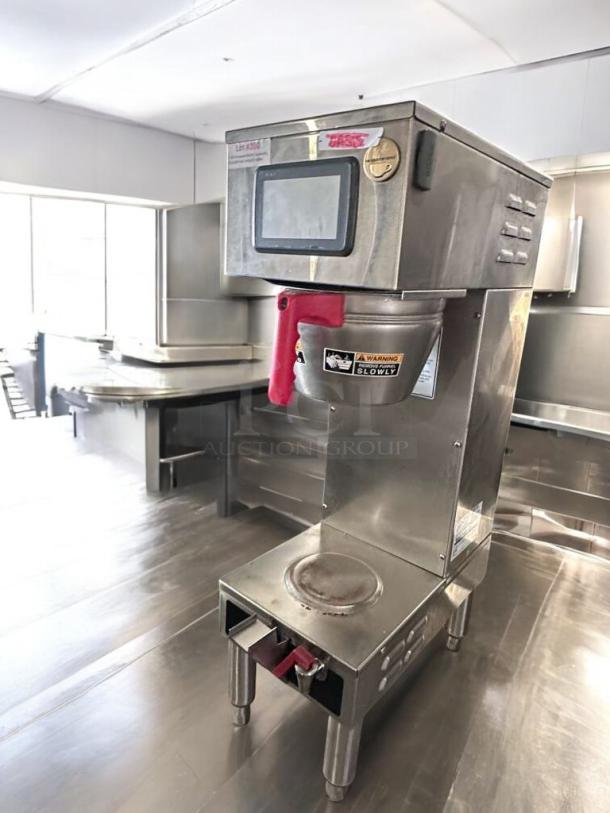 Immaculate Curtis commercial coffee brewer, stainless steel, UL listed, fully tested, red handle, Model CUR-L-BEV-0356.