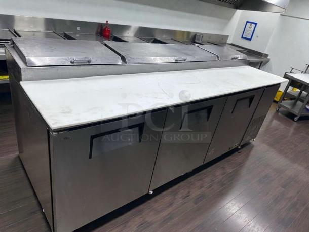 Pristine True TPP-93, 93" 3-door commercial pizza prep table, cutting board top, fully tested, True Manufacturing Co.