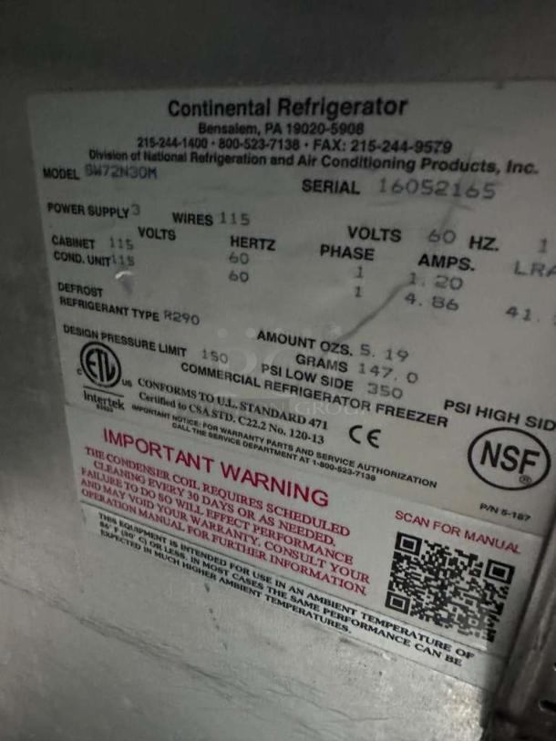 Continental Refrigerator BW72N label showing specifications, power supply, refrigerant type, NSF and UL certifications.