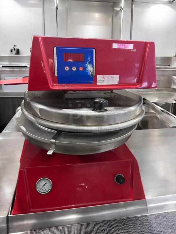 Commercial Electric Dough Press, red, digital controls, excellent condition, model DOU-L-PRS-0384, fully tested.