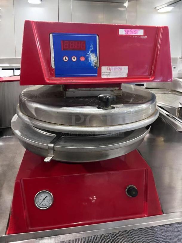 Commercial Electric Dough Press, model DOU-L-PRS-0384, digital controls, excellent condition, red body, tested operational.