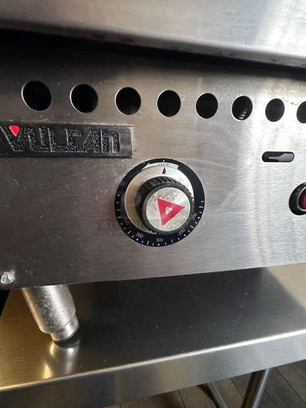 Vulcan VCR36-T commercial gas griddle, silver finish, adjustable temperature dial, excellent condition, NSF & UL listed.