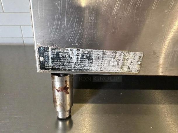 "Vulcan VCR36-T gas griddle label and leg detail, NSF & UL listed, excellent condition, model VCR36-T, USA-made."