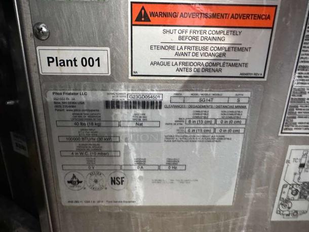 Pitco SG14T commercial gas fryer label, showing 40 lb capacity, NSF & ETL listed, model SG14T, natural gas, serial G23GD054601.