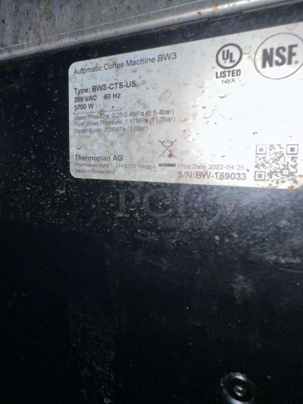 Thermoplan Black&White 3 (BW3) espresso machine label showing 208V, UL, NSF listed, 5700W, production date April 2022.
