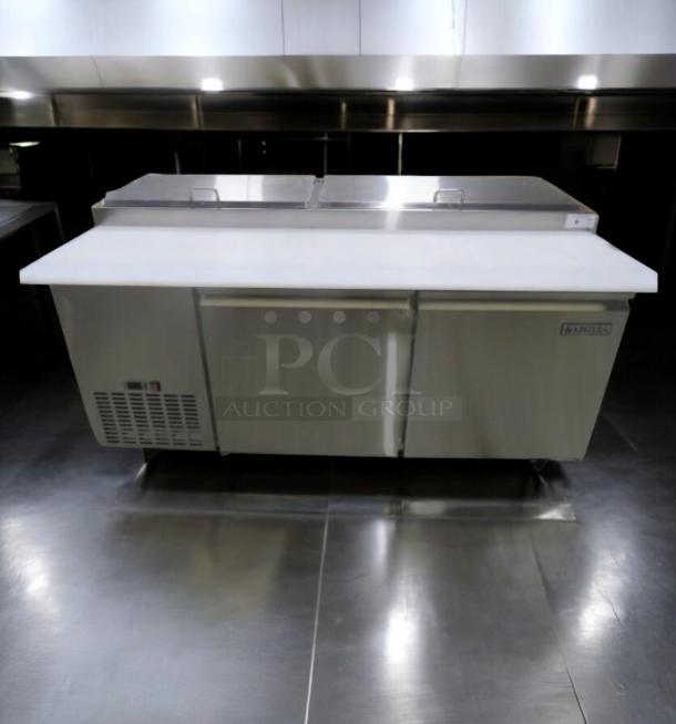 Randell 84120M refrigerated sandwich prep table, dual lid, stainless steel, 120 in, fully operational, top-tier condition.