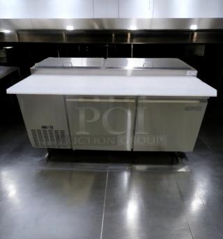 Randell 84120M refrigerated sandwich prep table, dual lid, stainless steel, 120 in, fully operational, top-tier condition.