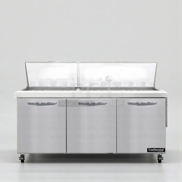 Continental SW72-30M sandwich prep table, 72", stainless steel, top-tier condition, NSF & UL listed, fully tested.