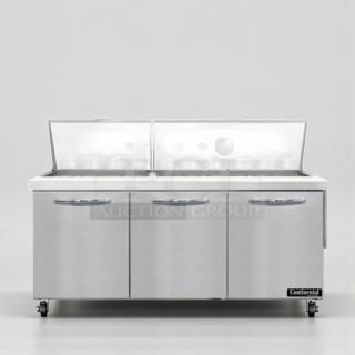 Continental SW72-30M sandwich prep table, 72", stainless steel, top-tier condition, NSF & UL listed, fully tested.