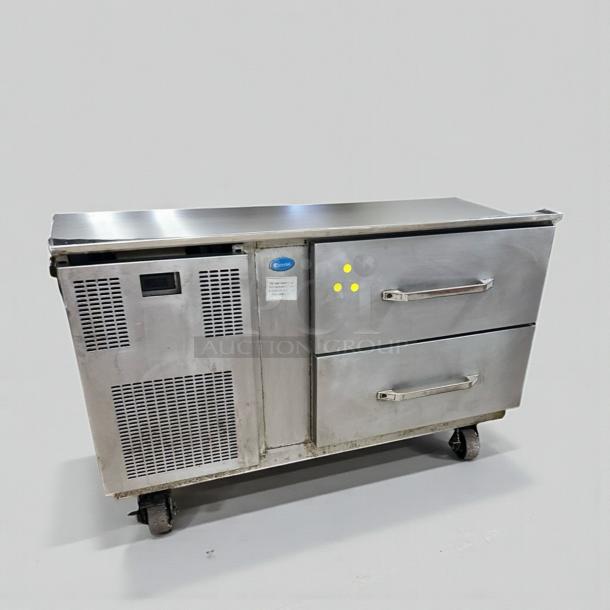Delfield two-drawer refrigerated chef base, stainless steel, model DEL-L-RFG-0445, excellent condition, 115V, tested operational.