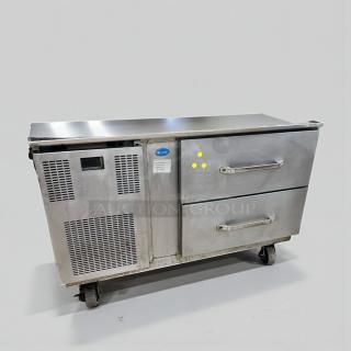 Delfield two-drawer refrigerated chef base, stainless steel, model DEL-L-RFG-0445, excellent condition, 115V, tested operational.