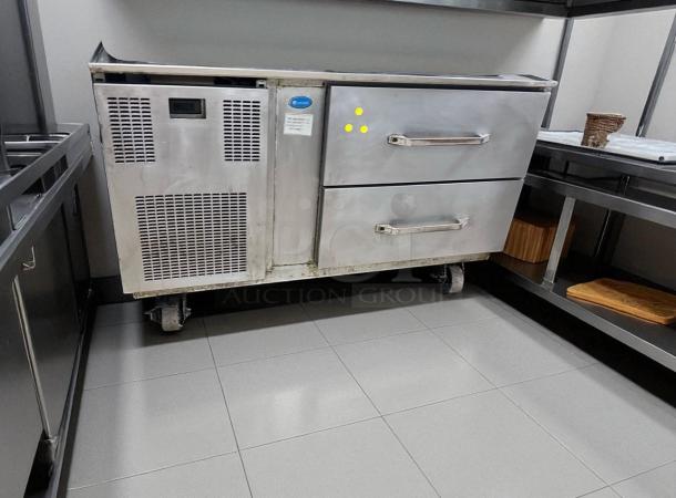 Delfield two-drawer refrigerated chef base, stainless steel, excellent condition, 115V, with visible Delfield branding.