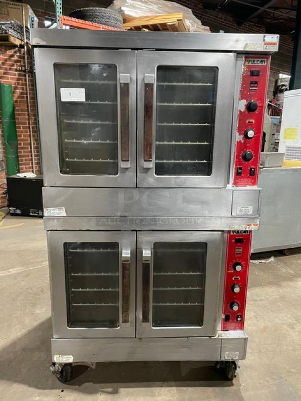Vulcan commercial stainless steel double stacked convection oven, model SGD4D-1, on casters, with wired oven rack.