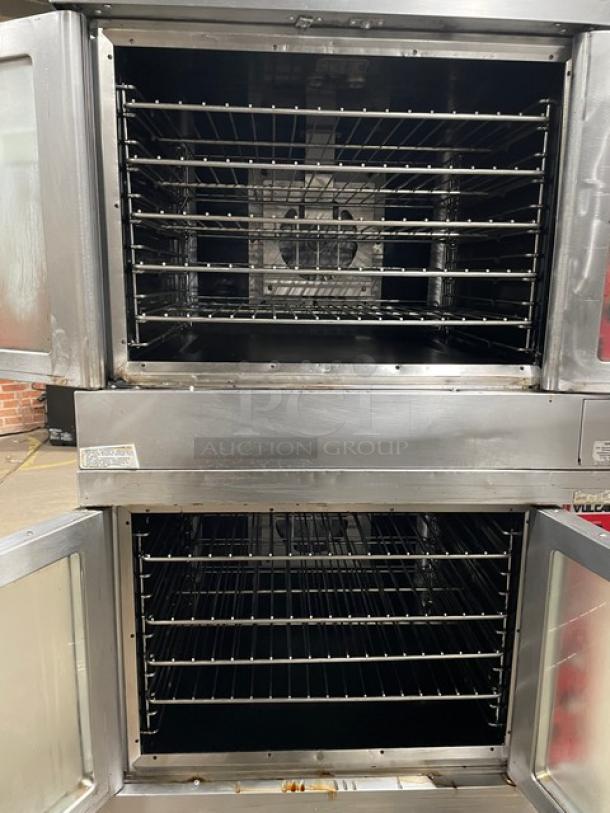 Vulcan SGD4D1 double-stacked stainless steel convection oven, natural gas, wired racks, on casters, excellent condition.