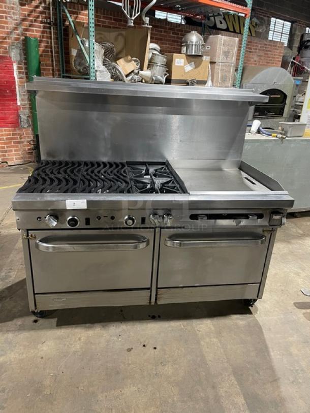 Southbend commercial stainless steel gas range with 6 burners, split-top griddle, double ovens, wavy grates, and salamander shelf.