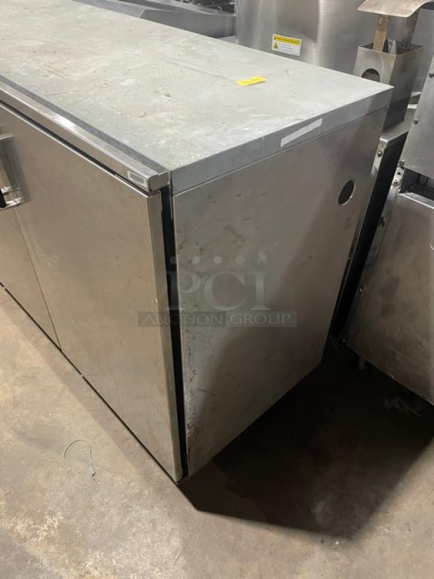 Perlick stainless steel 4-door undercounter refrigerated back bar cabinet with coated wire rack, SN: 518921, 115V, 1 phase.